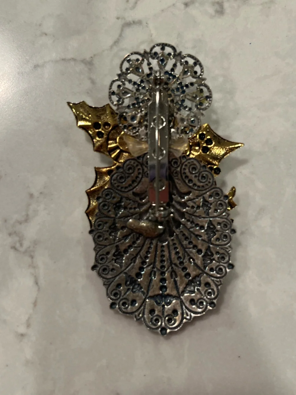 Vintage Festive Gold and faux Pearl Holiday angel and bell Brooch